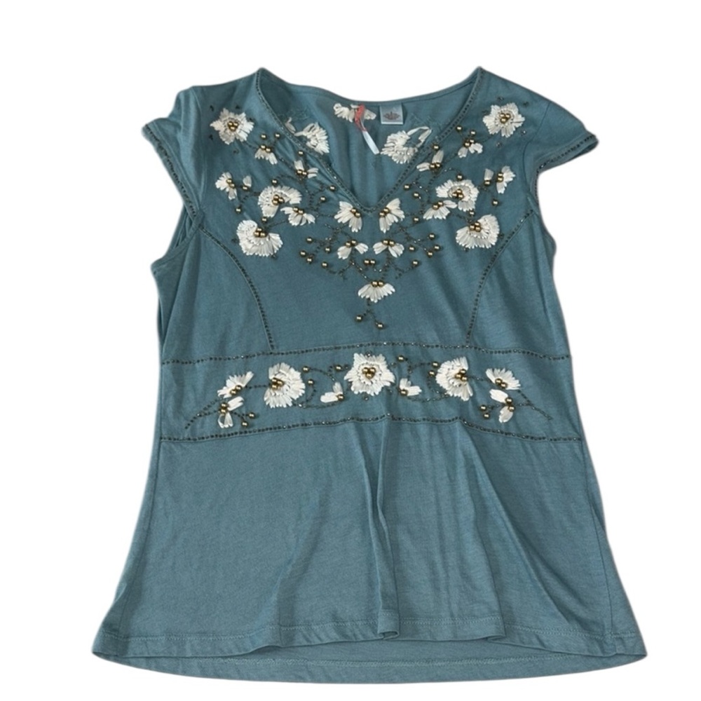 Vintage Y2K Ric Rac Anthropologie Embroidered Teal Women's Top Size Small